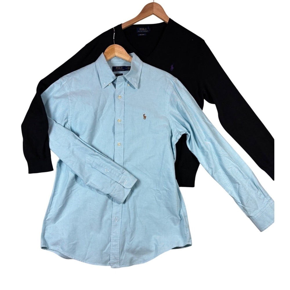 Polo Ralph Lauren Mens Bundle Blue Oxford Shirt & Black Pima Cotton V-Neck M EUC